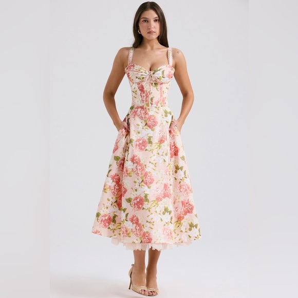House of CB Dresses & Skirts - House of CB ROSALEE Pink Peony Print Cotton Bustier Sundress